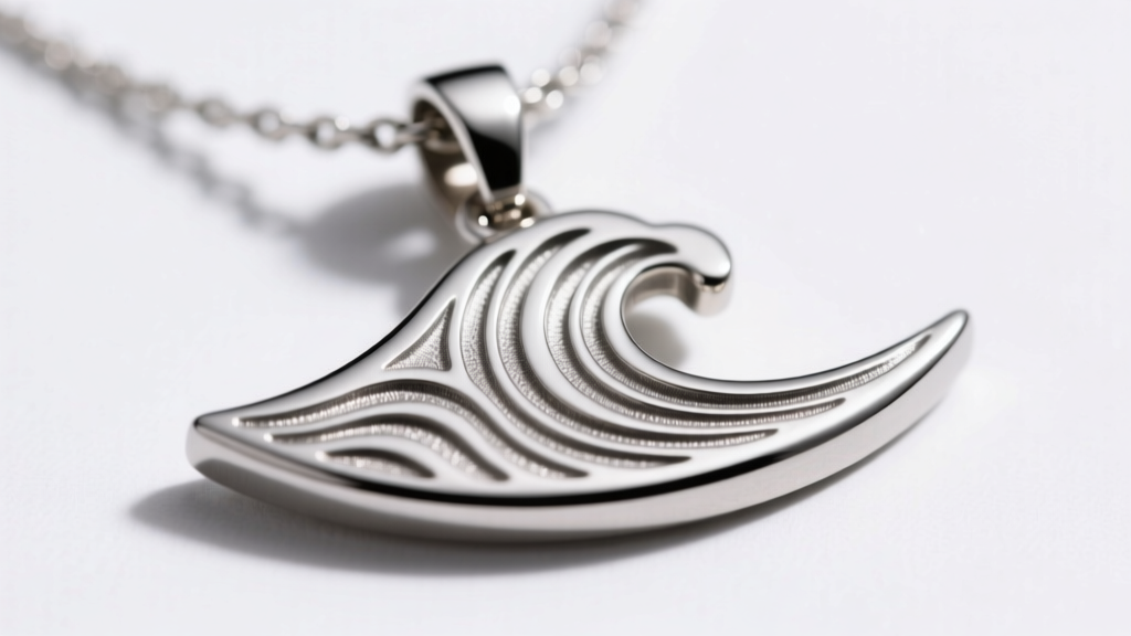 Macro shot of a titanium surfs up necklace pendant with brushed finish and engraved wave textures under bright studio lighting