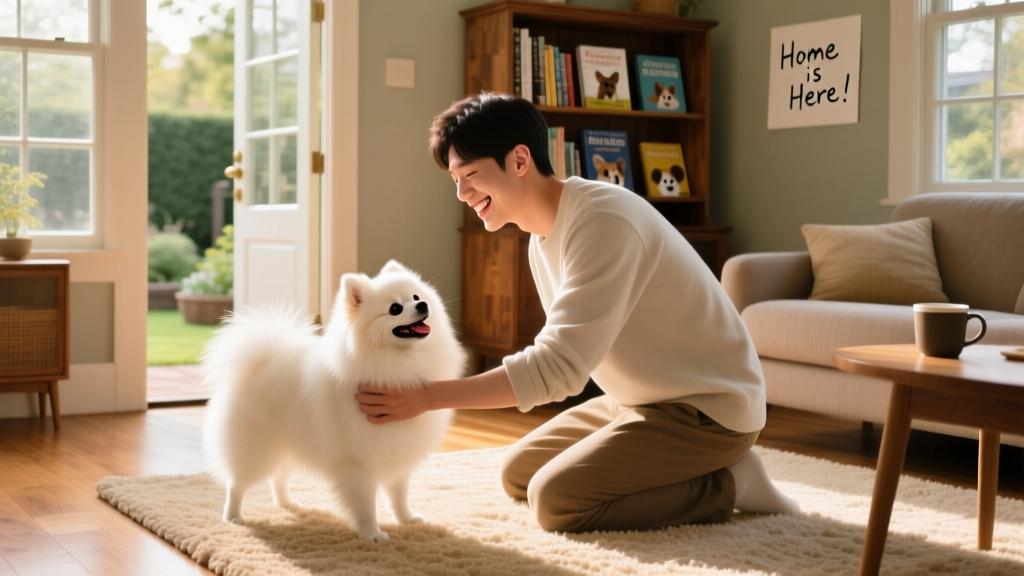 A Pomeranian happily playing with a new adopter in a cozy living room, both smiling