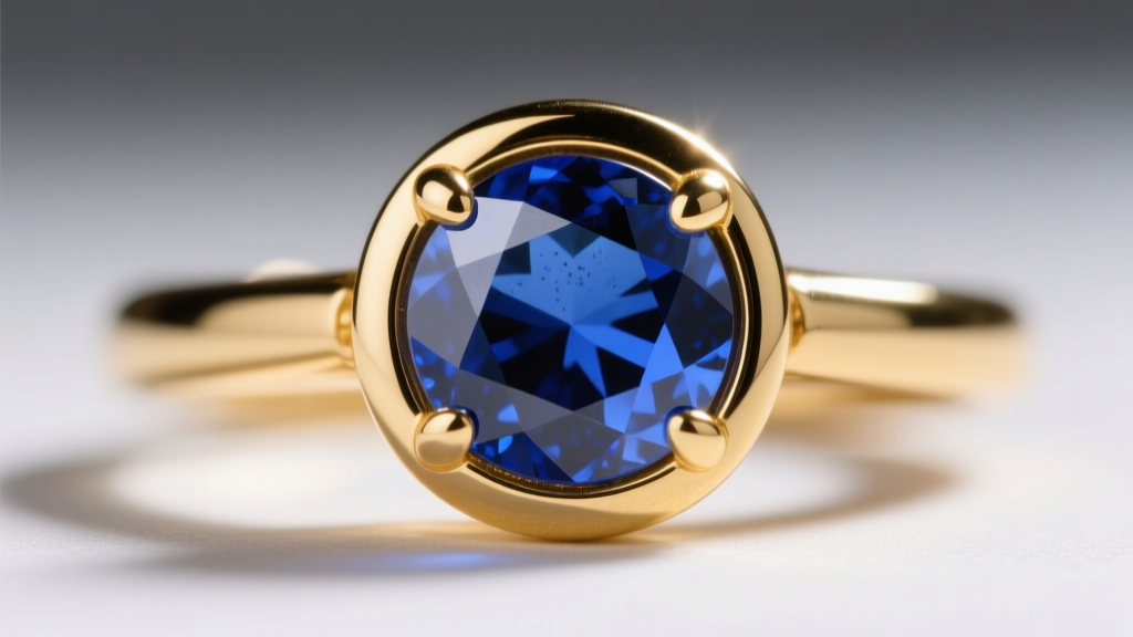 Macro shot of a 14k yellow gold bezel setting holding a round sapphire, showing a tiny gap between the metal wall and gemstone.