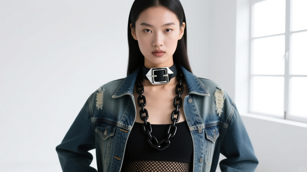Editorial shot of a model wearing a layered Y2K belt buckle choker and a longer matte black chain over a vintage denim jacket.