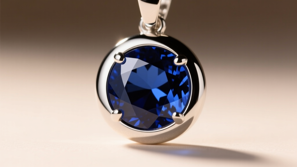 Macro photo of a bezel-set sapphire pendant, highlighting the smooth platinum metal rim fully encircling the dark blue gemstone.