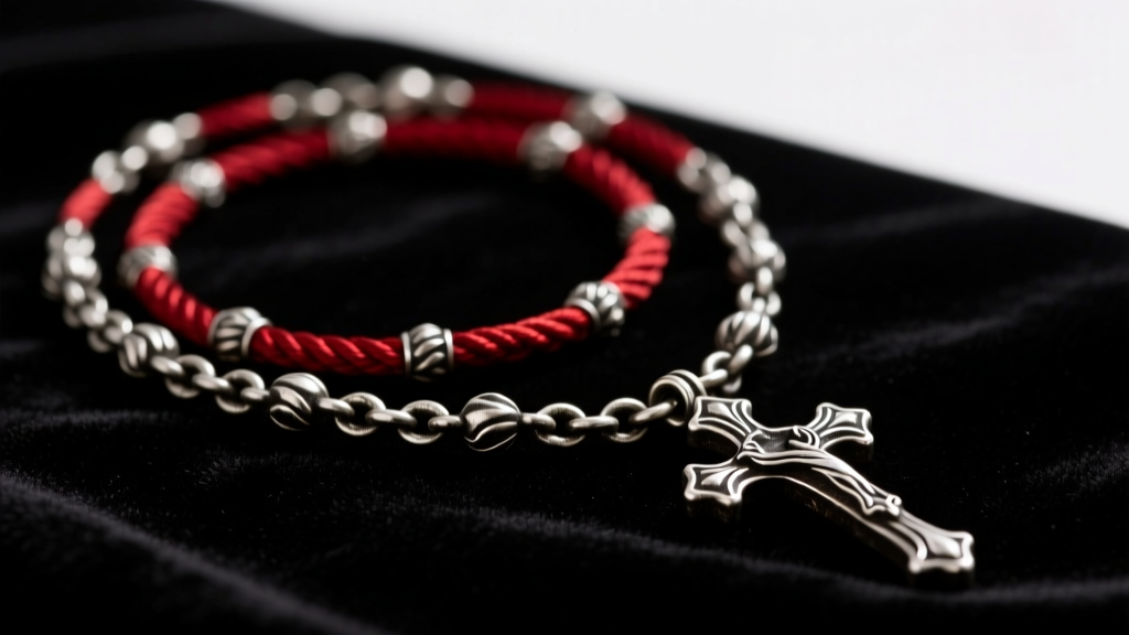 Close-up of a heavy 14-gauge oxidized silver rosary necklace interwoven with dark crimson silk cord, resting on black velvet