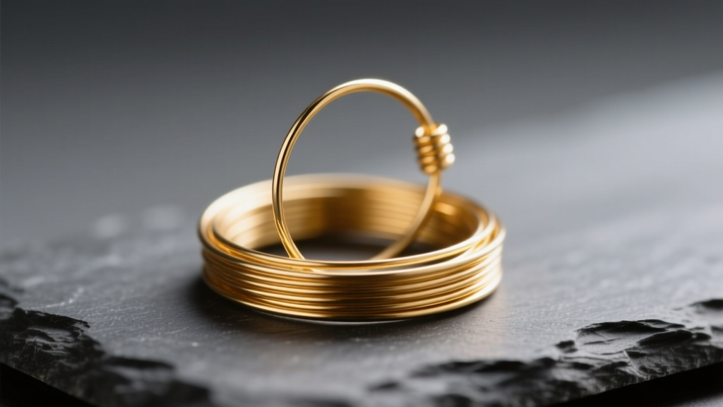 Macro shot of a spool of 20-gauge 14k gold-filled earring hoop wire resting on dark slate with soft, warm directional lighting
