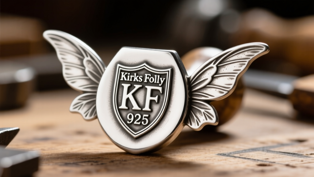 Extreme close-up of a genuine Kirks Folly hallmark stamp showing the KF shield and 925 mark on the back of a pewter fairy wing.