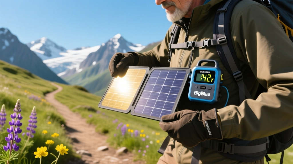 Hiker adjusting a BigBlue 28W foldable solar charger with digital ammeter on a backpack while trekking through a sunlit alpine trail