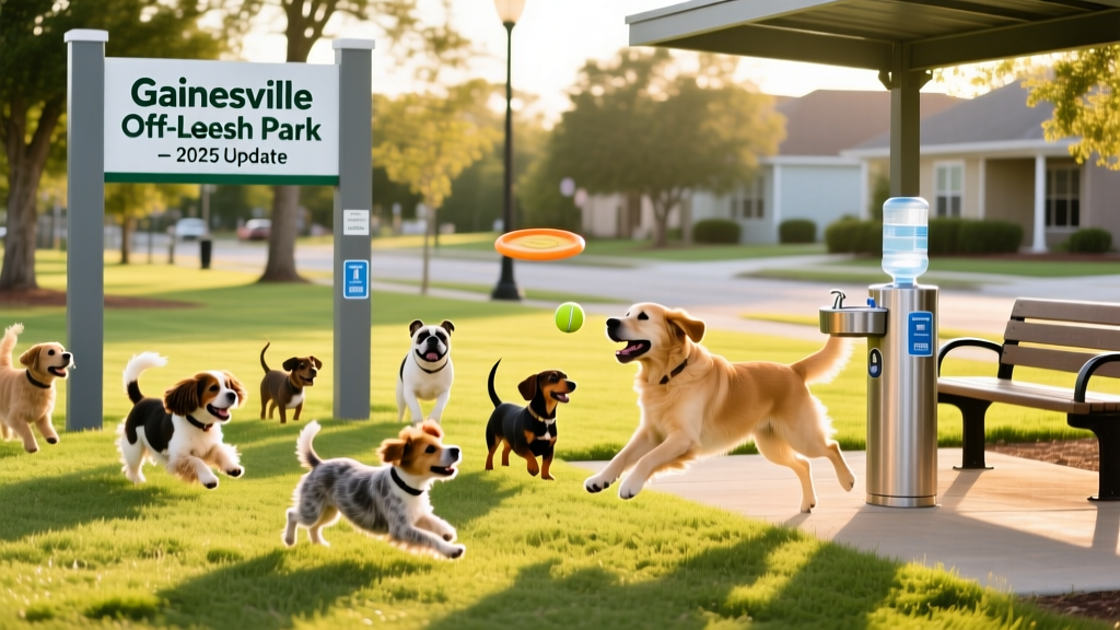 A bustling urban dog park with a mix of small and large dogs playing, clean signage, and modern water stations