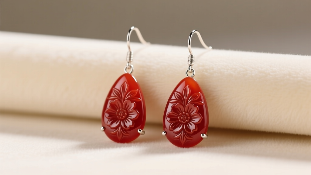 Elegant red jasper drop earrings with carved floral motifs, suspended from sterling silver ear wires, displayed on cream velvet