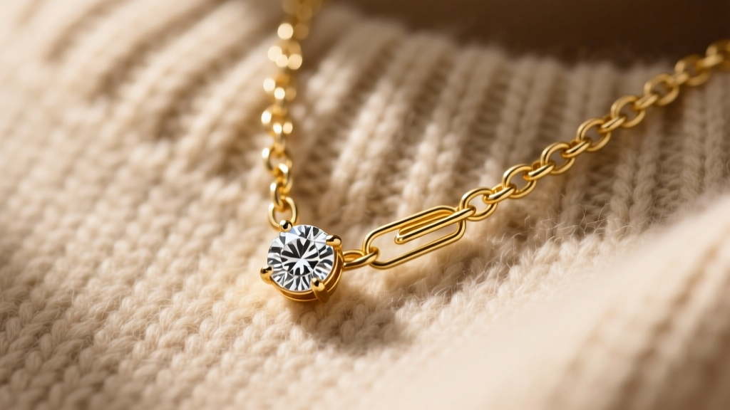 A 14k gold paperclip chain and bezel-set diamond pendant resting on a beige cashmere sweater under warm studio lighting