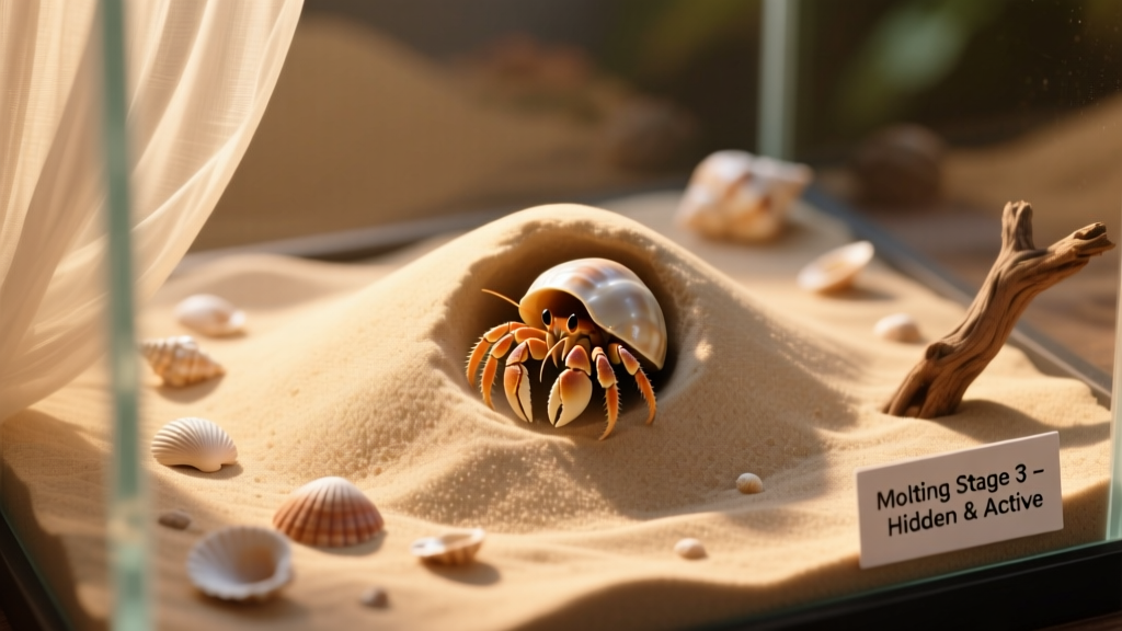 Top-down view of a hermit crab tank showing smooth, undisturbed sand with a small mound indicating a buried crab