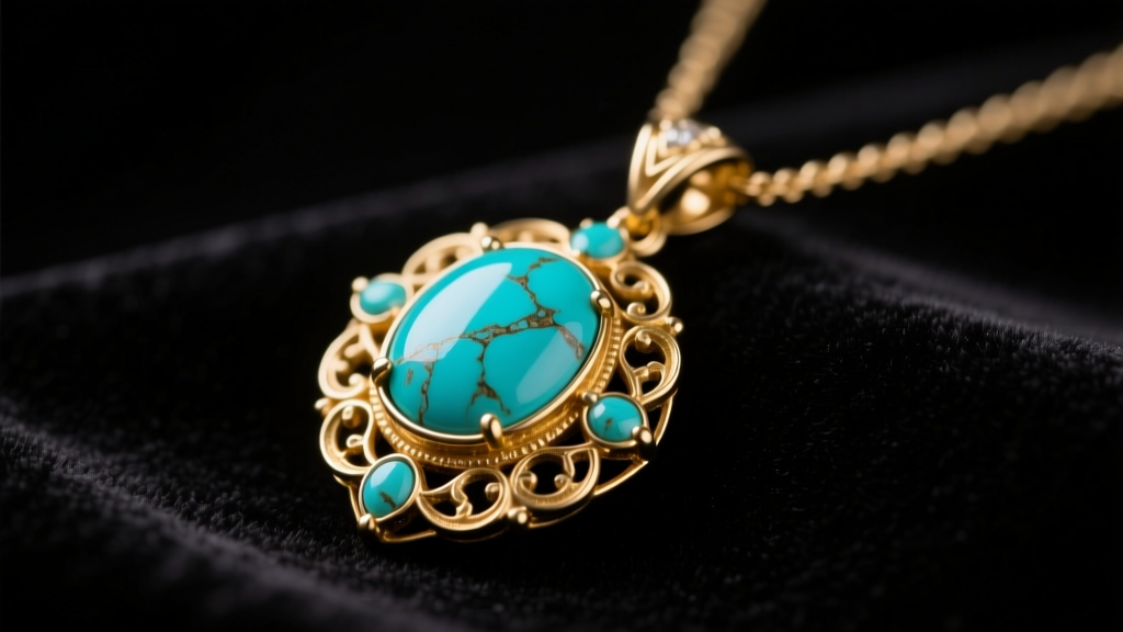 Macro close-up of a vintage gold-tone Lia Sophia turquoise pendant necklace resting on dark velvet under soft studio lighting.