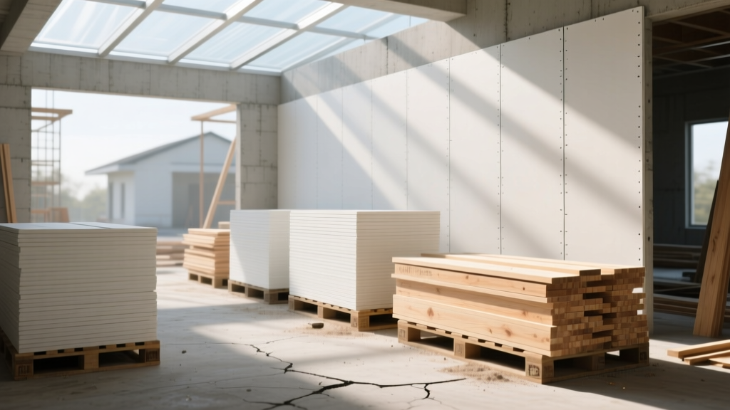 Pallets of drywall and dimensional lumber stacked on dunnage over a reinforced concrete subfloor inside a partially enclosed residential build