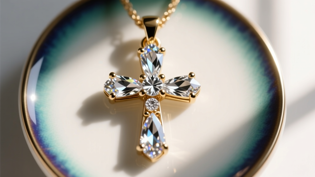 Macro shot of a cross pendant showing hand-set marquise Swarovski crystals in brass prongs near enamel.