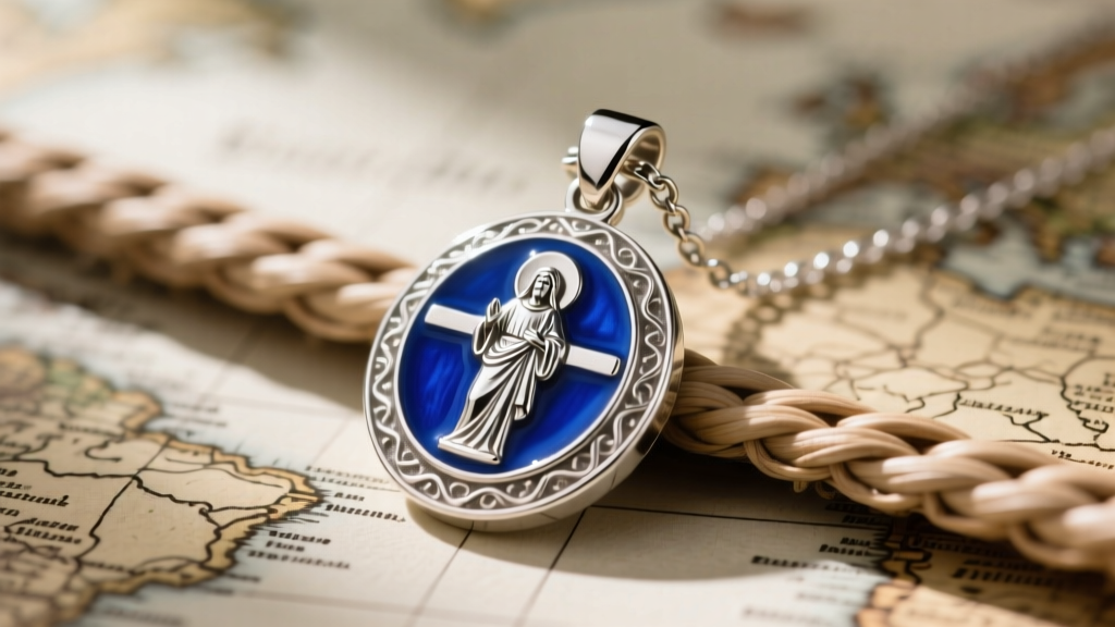 Close-up of a sterling silver Saint Christopher pendant with cobalt blue vitreous enamel, resting on a vintage woven travel map.