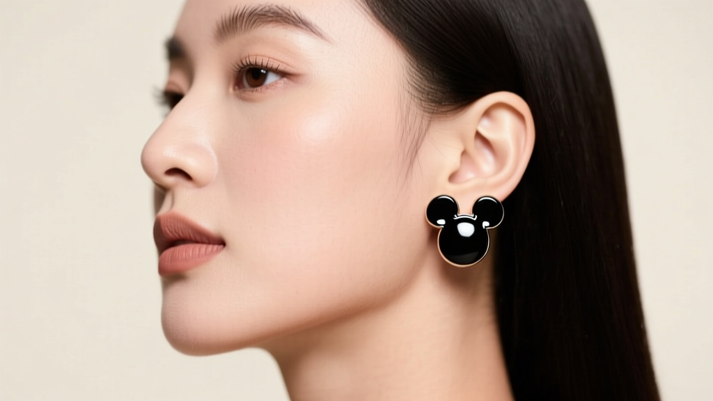 Side profile of a woman with a round face wearing sleek black-enamel Minnie ear drop earrings against soft studio lighting.