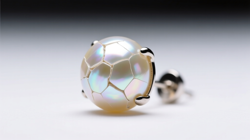 Macro shot of a chipped faux glass pearl earring showing the clear bead and flaking pearlescent coating under bright studio light.