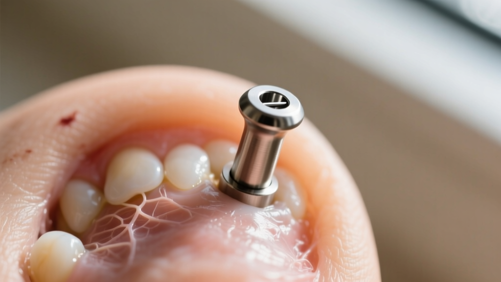 Macro photo of a threadless titanium post sitting flush inside a healing cartilage piercing without applying pressure to the tissue