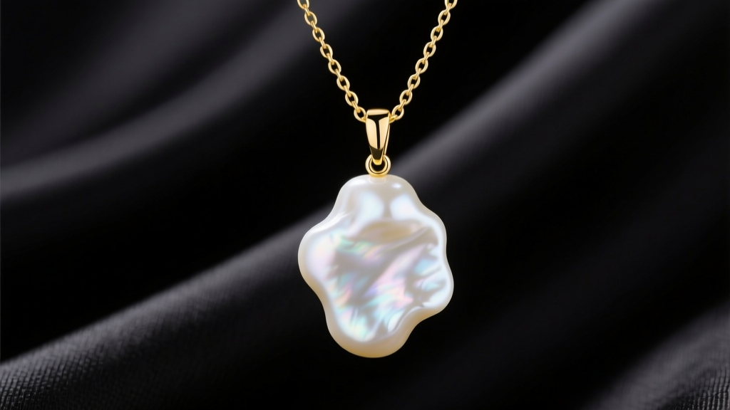 Close-up of an irregular white baroque pearl pendant on a delicate 18k yellow gold paperclip chain against a dark silk backdrop.