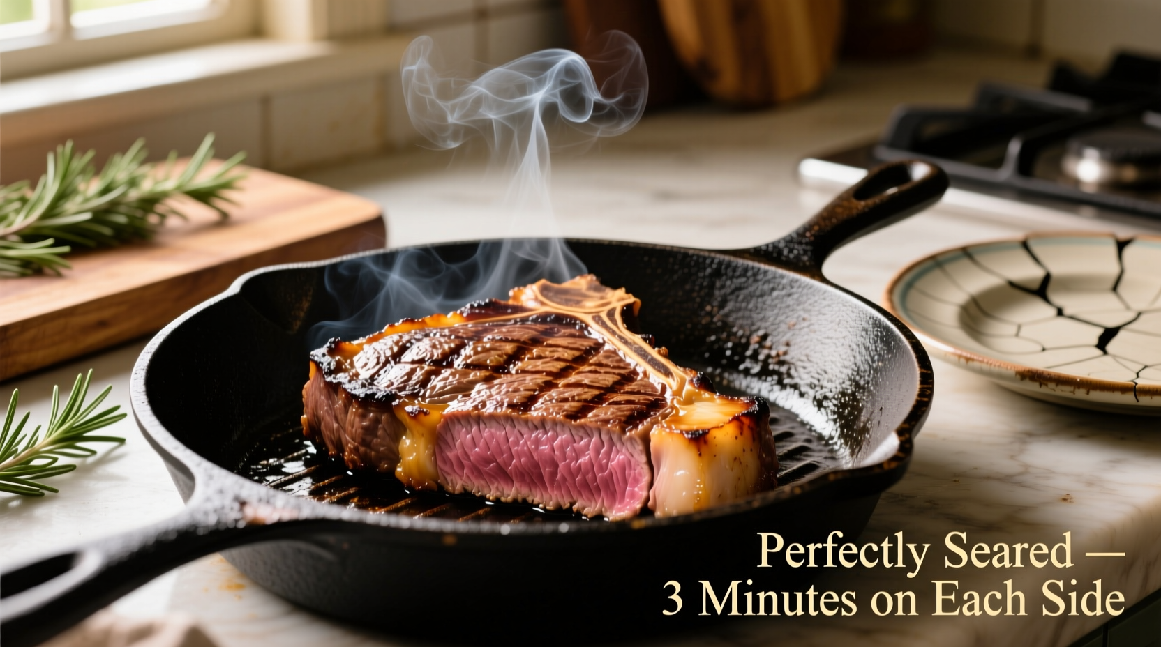 Perfectly seared strip steak in cast iron skillet