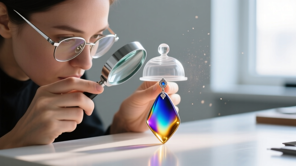 Jeweler inspecting a kiln-fused dichroic glass hologram earring under a loupe to verify the clear glass protective cap
