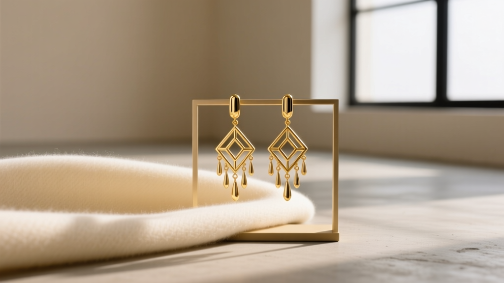 Gold-plated Khaite drop earrings on cream cashmere, lit by soft natural window light in a minimalist studio jewelry setup