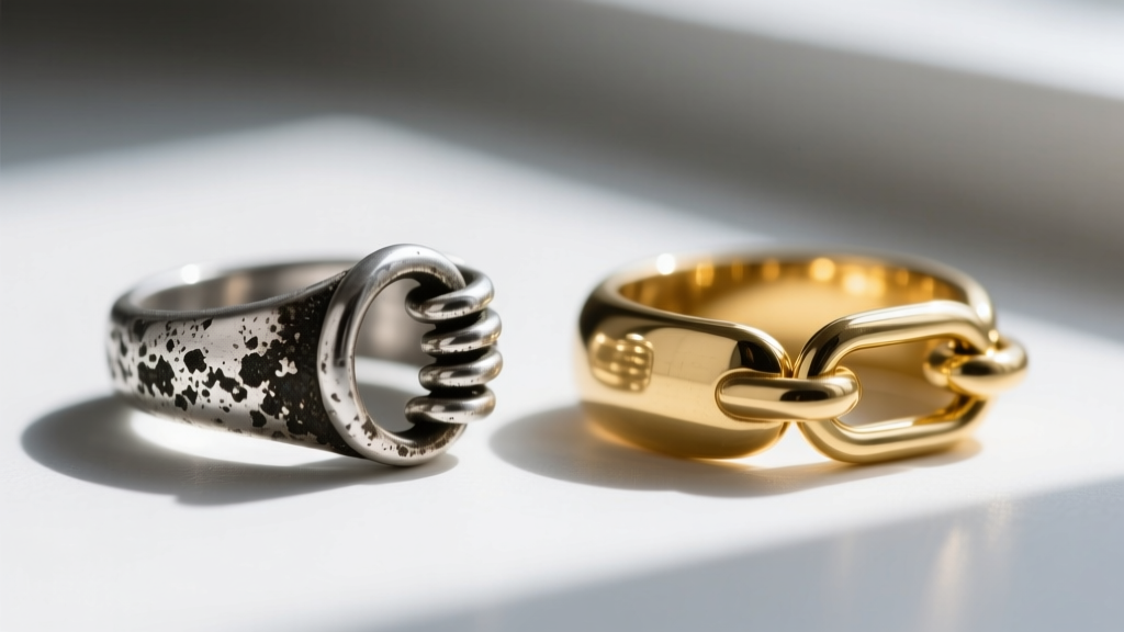 Close-up of a tarnished sterling silver spring ring clasp showing dark silver sulfide buildup next to a polished gold vermeil link