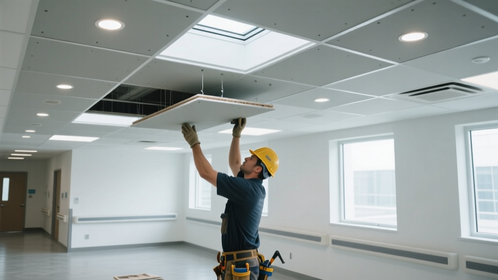 Commercial contractor installing a suspended gypsum board ceiling grid with washable lay-in panels and recessed LED lighting in a modern healthcare facility