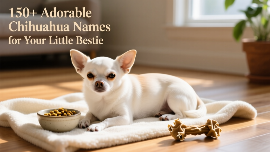 A white Chihuahua resting peacefully on a soft, cream-colored blanket beside a small bowl of treats and a chew toy