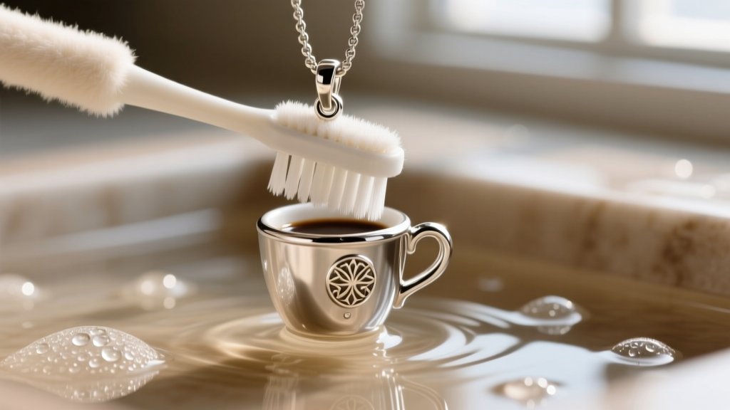 Close-up of a soft toothbrush gently scrubbing the silver rim of a tiny coffee cup pendant submerged in soapy lukewarm water