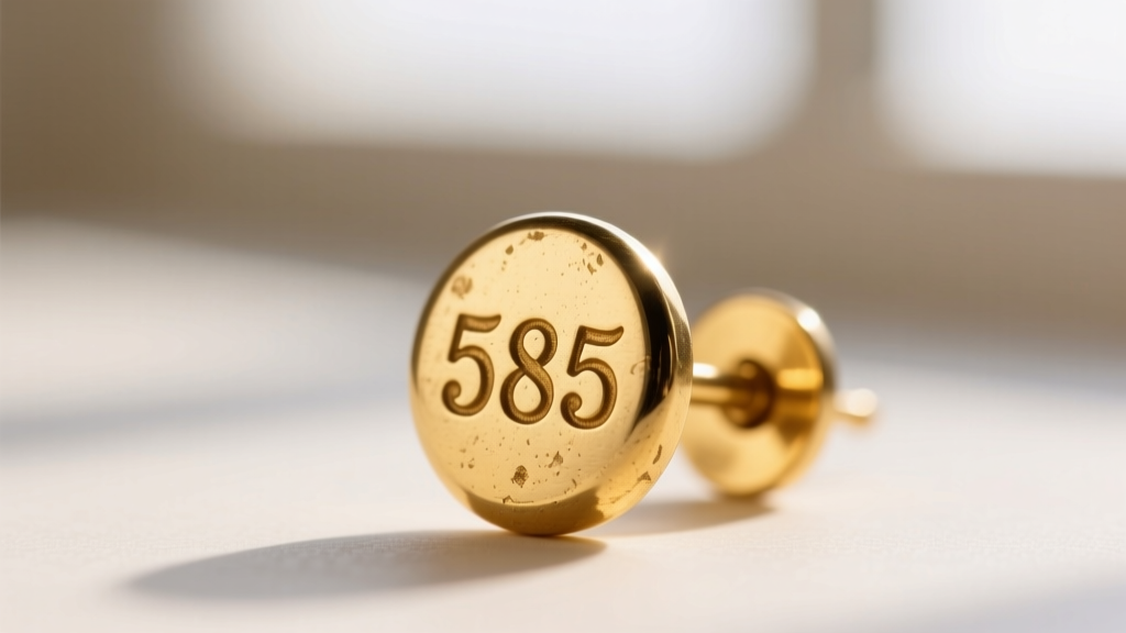 Macro shot of a vintage 1980s gold earring post showing a stamped 585 hallmark and maker's mark under bright jeweler's lighting.