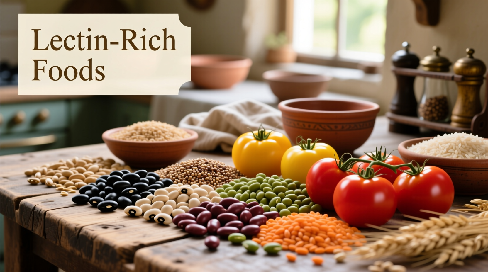 Colorful display of lectin-containing foods including beans, grains, and tomatoes