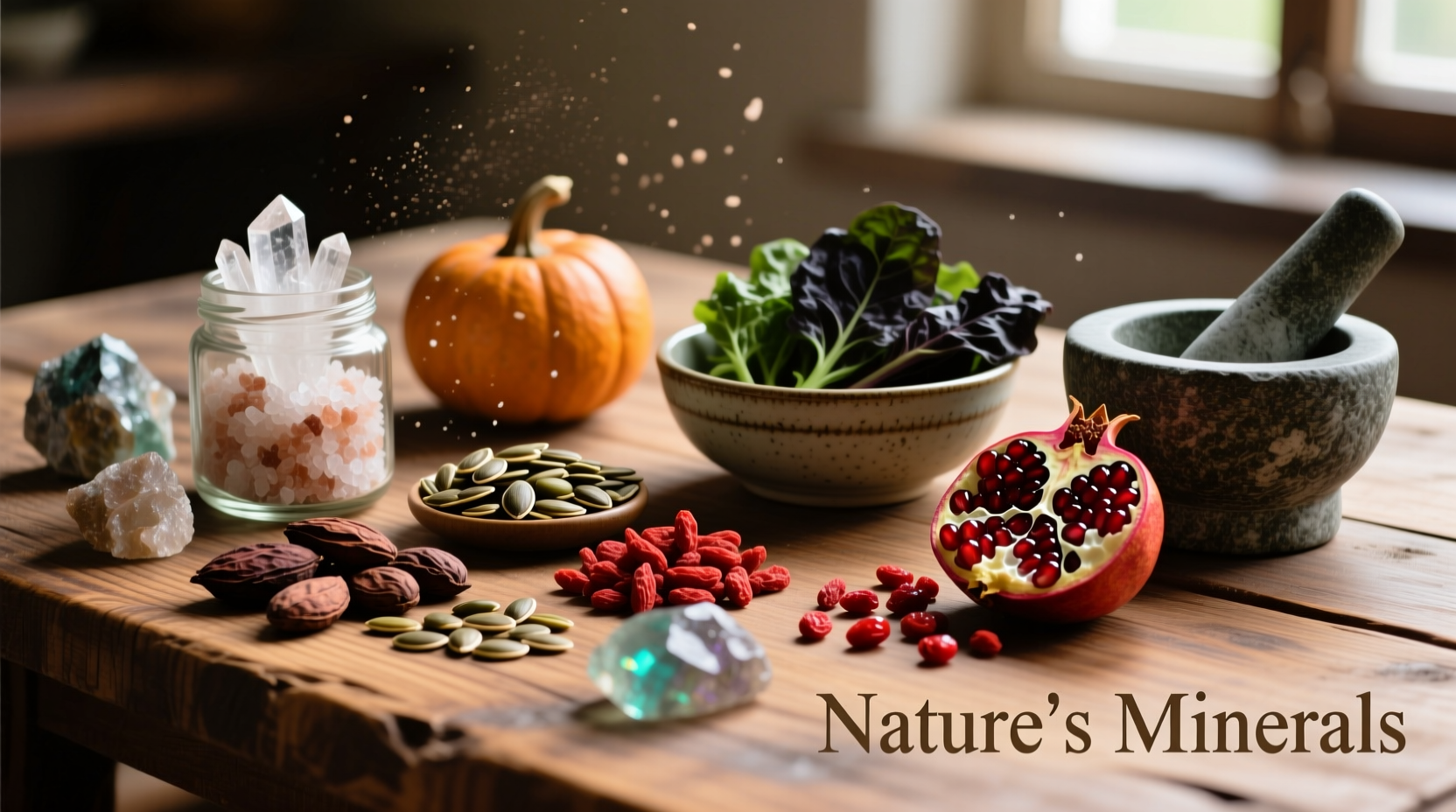 Mineral-rich foods on wooden table