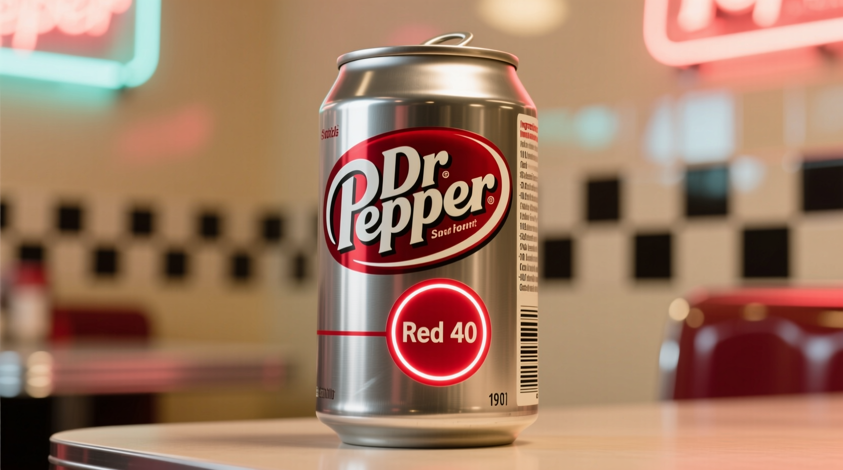Dr Pepper can showing ingredient list with Red 40 highlighted