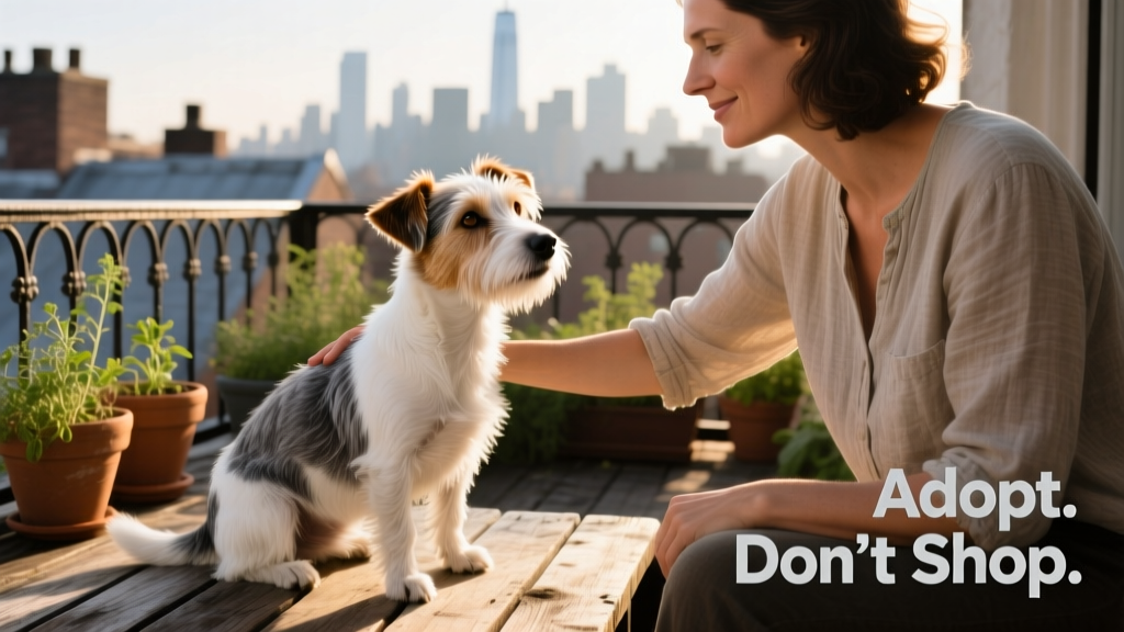 A small, scruffy Jack Russell–West Highland White Terrier mix sitting attentively beside its owner on a city balcony