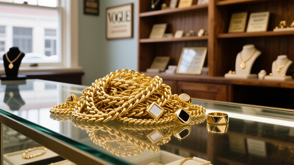 Digital scale weighing a tangled pile of 14k yellow gold chain necklaces and rings on a glass counter inside a local pawn shop.