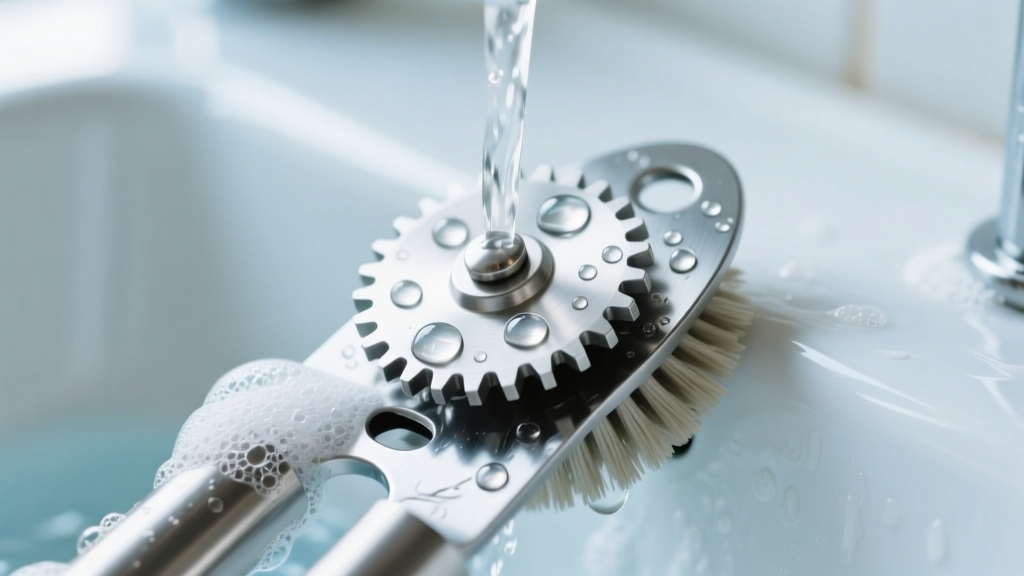 Macro shot of a stainless steel can opener cutting wheel scrubbed with a stiff nylon brush and soapy water in a white ceramic sink