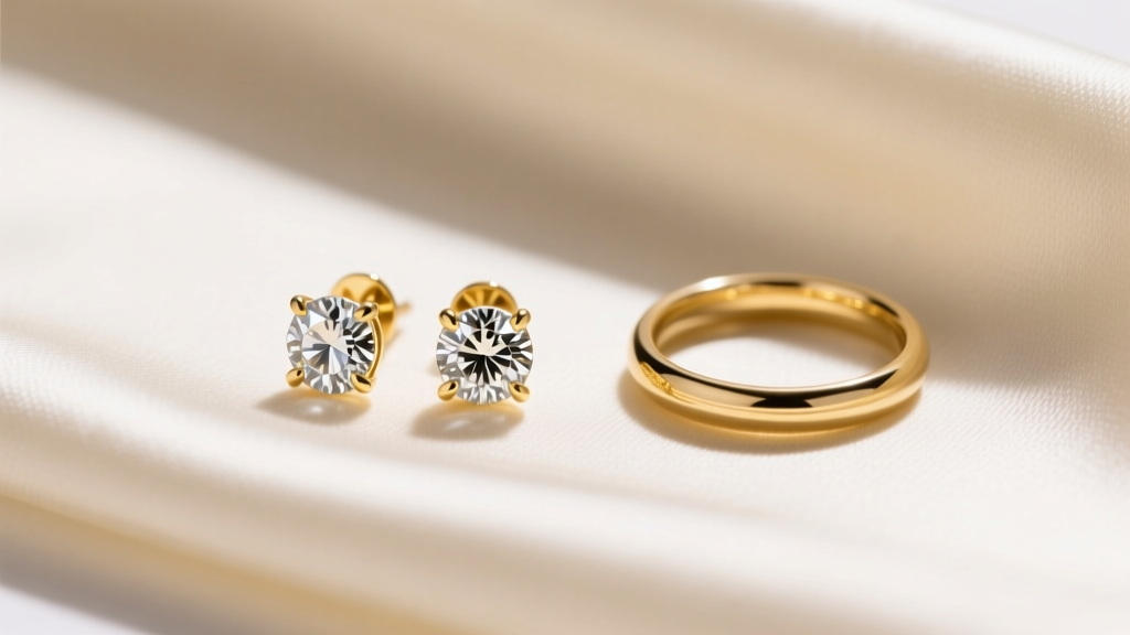Matching 14k yellow gold diamond stud earring and a delicate 2mm stacking ring resting on cream silk fabric in soft natural light.