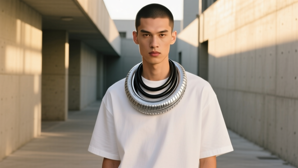 Model wearing layered rubber and silver tire necklace over plain white heavyweight cotton t-shirt, minimalist streetwear style