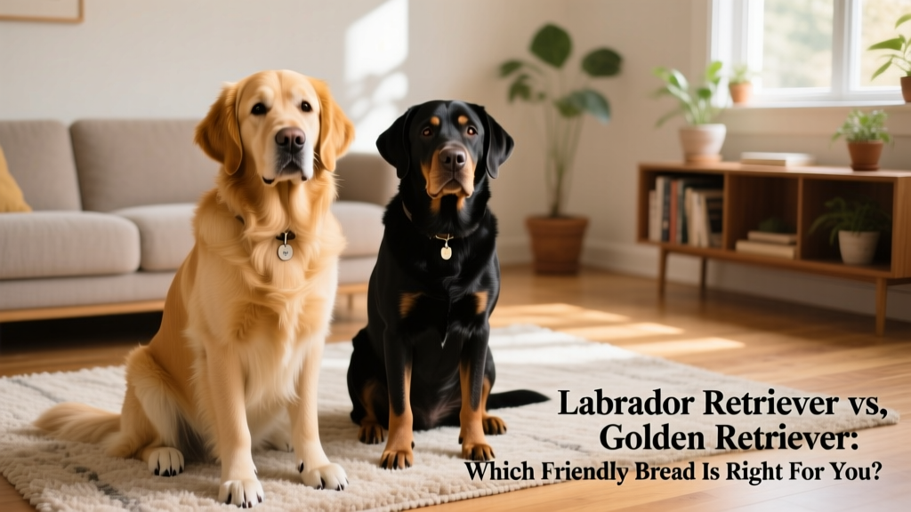 A calm, well-groomed Golden Retriever sitting beside a neatly brushed Labrador Retriever on a cozy living room rug, both looking attentively at the camera