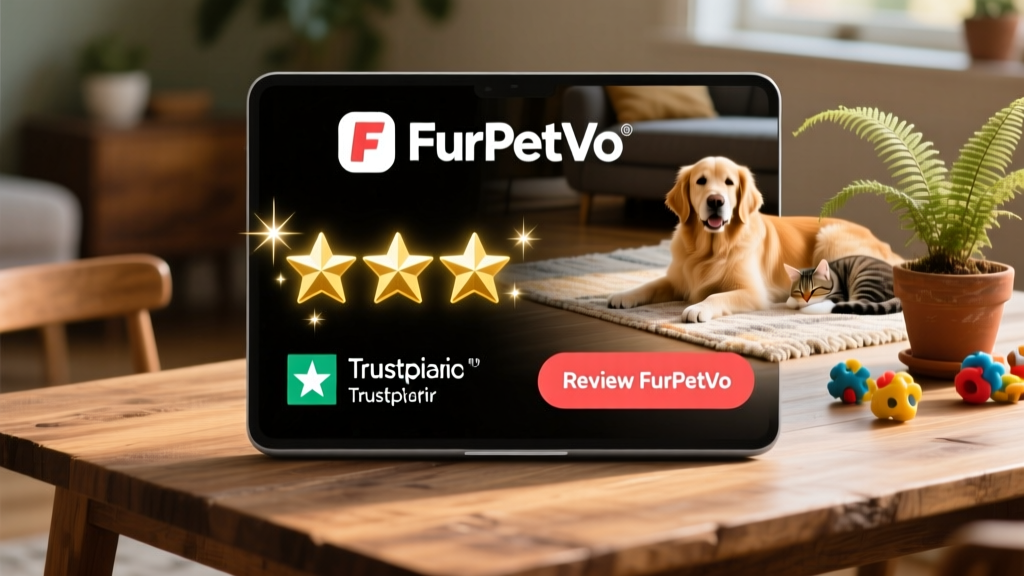 Screenshot-style graphic showing the FurPetVo logo alongside the Trustpilot star rating and 'Review FurPetVo' call-to-action button