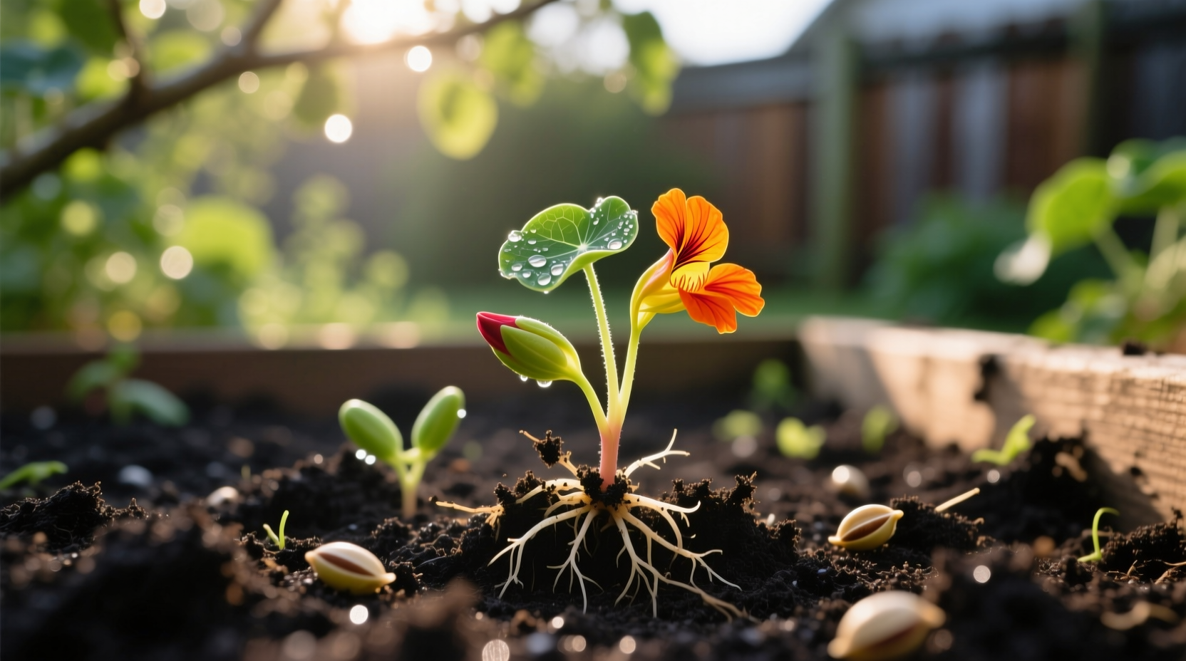 Nasturtium seedlings emerging from soil in garden bed