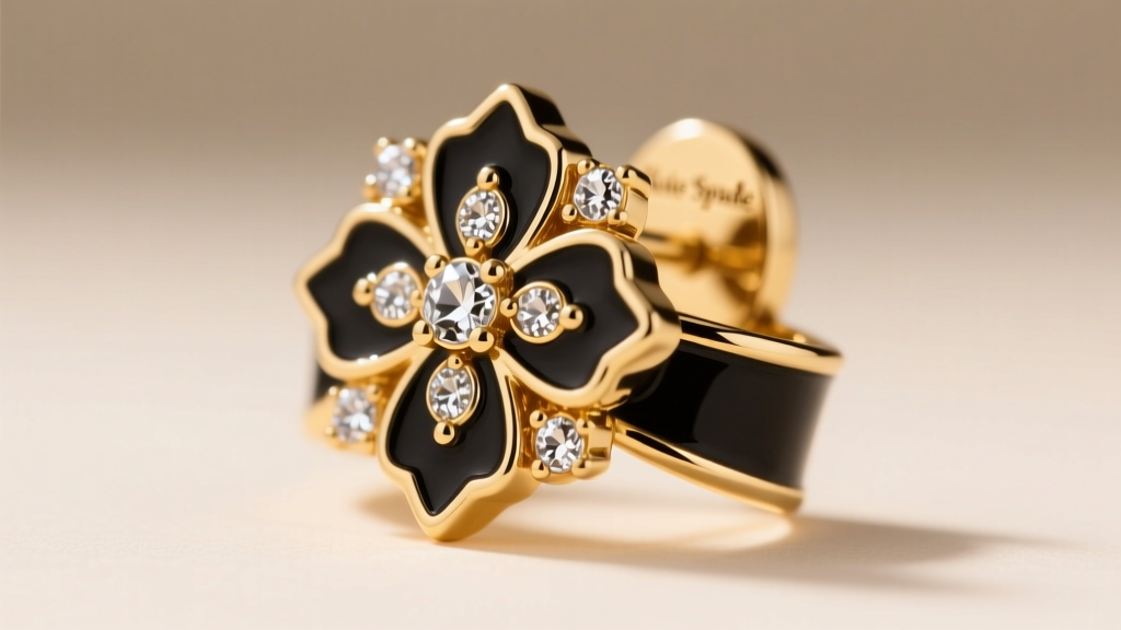 Close-up of gold-tone Kate Spade ribbon earring showing black enamel inlay and cubic zirconia accents under warm studio lighting