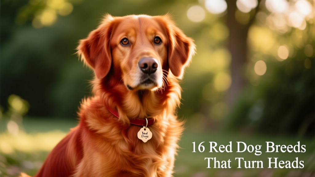 Close-up portrait of a golden-red dog with glossy coat sitting outdoors in natural light