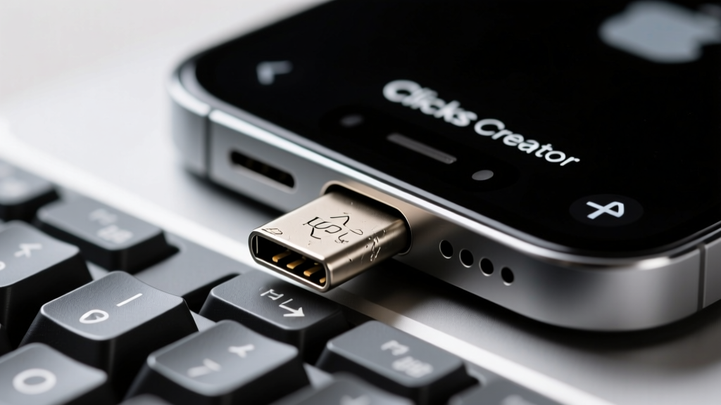 Macro photography of the Clicks Creator Keyboard sliding USB-C rail mechanism attached to an iPhone 15 Pro showing slight wear on the metal contacts