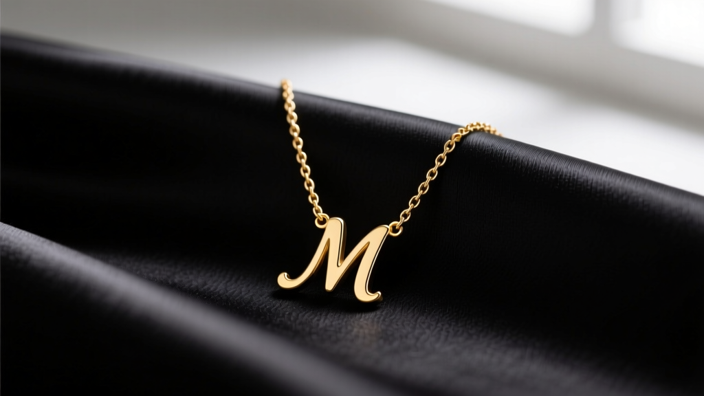 Close-up of a delicate 14k gold vermeil enewton initial necklace with a lowercase script letter M resting on dark silk fabric.