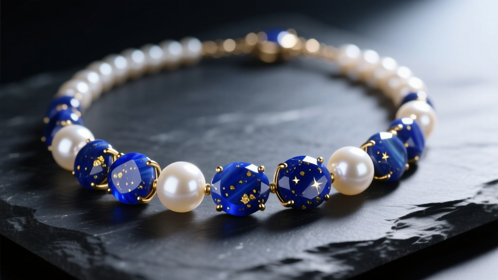 Close-up of a lapis lazuli and pearl necklace on dark slate, highlighting the blue stone gold pyrite flecks and pearl luster.