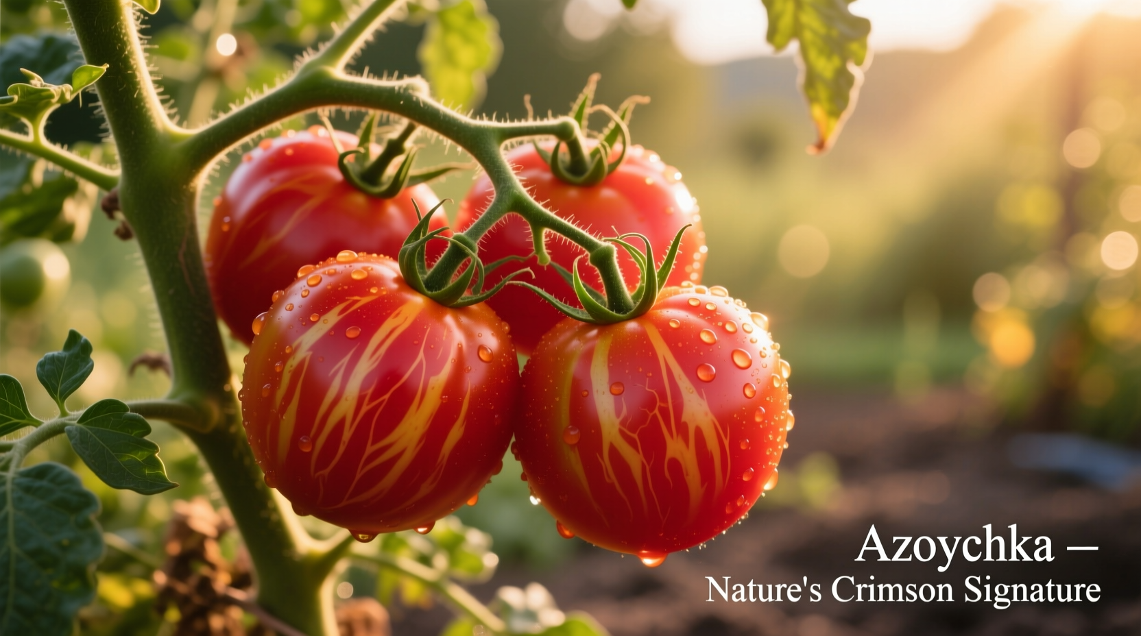Ripe Azoychka tomatoes on vine with distinctive red streaks