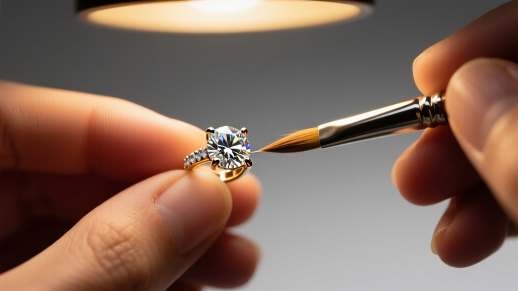 Macro shot of a jeweler using a soft brush to clean a four-prong martini diamond earring, checking prongs under a warm lamp.