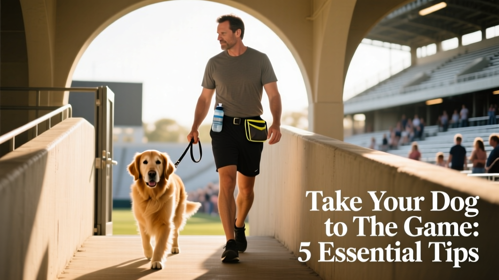 A dog owner gently guiding their calm, leashed dog down a stadium ramp toward an exit, with a water bottle and waste bags visible in hand