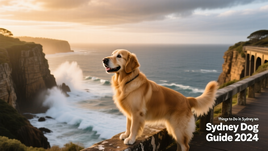 A dog gazing out over the ocean from Sea Cliff Bridge with cliffs and waves below