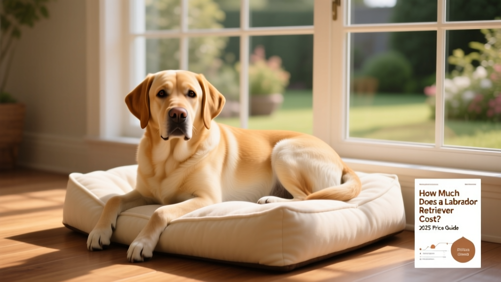 A relaxed adult Labrador Retriever resting on a cozy dog bed beside a window with natural light